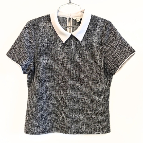 RW&CO. Short-Sleeve Top with Shirt Collar Black and White Size L - Picture 4 of 9